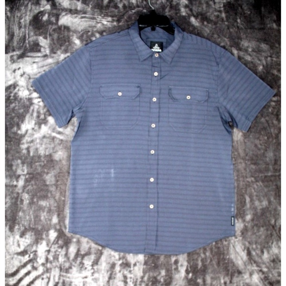 prAna Cayman Shirt Mens L Blue Gray Short Sleeve Button Up Hiking Outdoors Fish